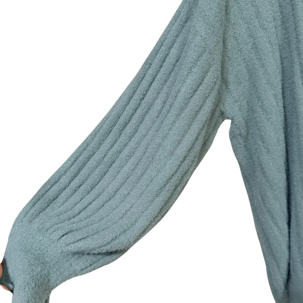 Aerie Womens Ribbed Oversized Balloon Sleeve Fuzzy Knit Sweater Teal Blue Medium